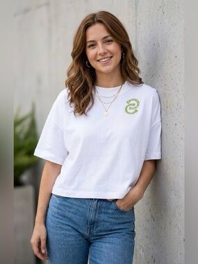 Maeve White Boxy Crop Tee with Lime Green Emblem 100% Cotton